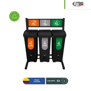 Estación ecológica 3 o 4 divisiones con botes de basura negros tapa vaivén con identificadores Gubernamentales CDMX Estra 53 L