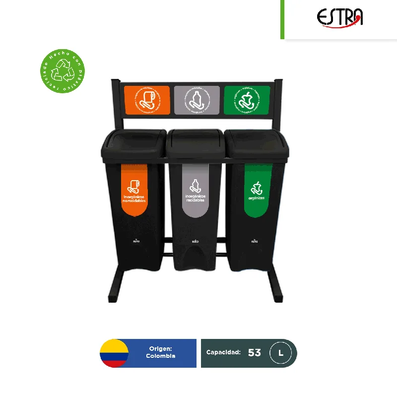 Estación ecológica 3 o 4 divisiones con botes de basura negros tapa vaivén con identificadores Gubernamentales CDMX Estra 53 L